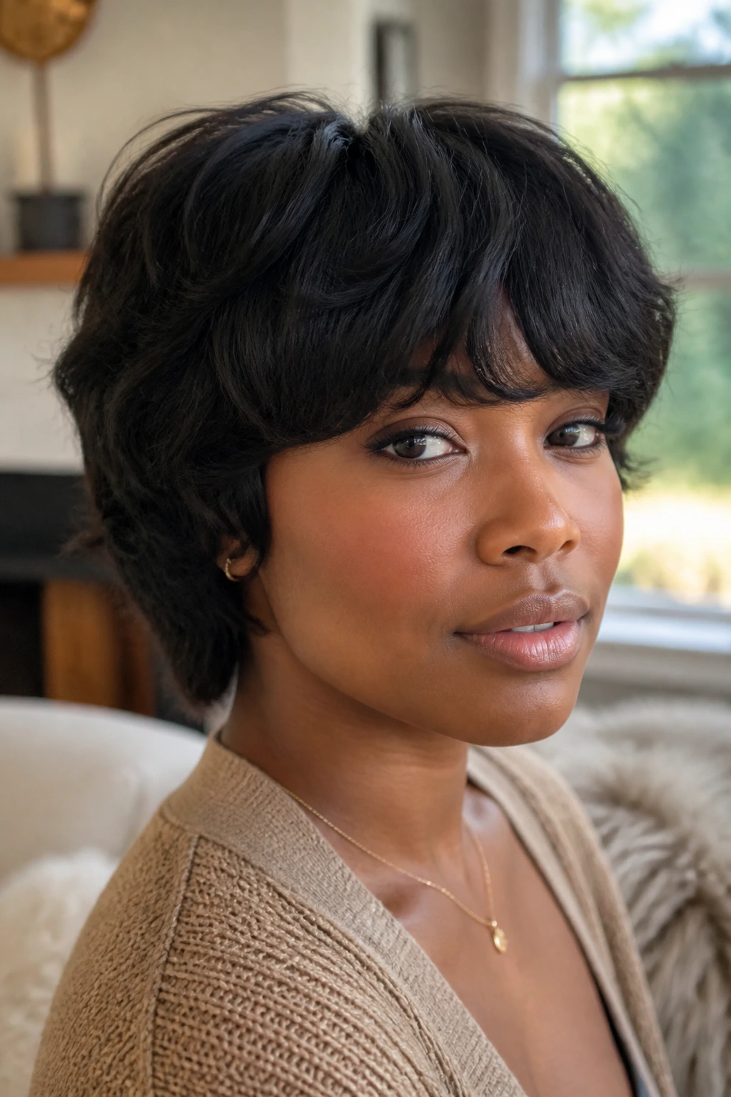 Close-up of real Black woman with rounded fringe shag and compact silhouette in warm living room light