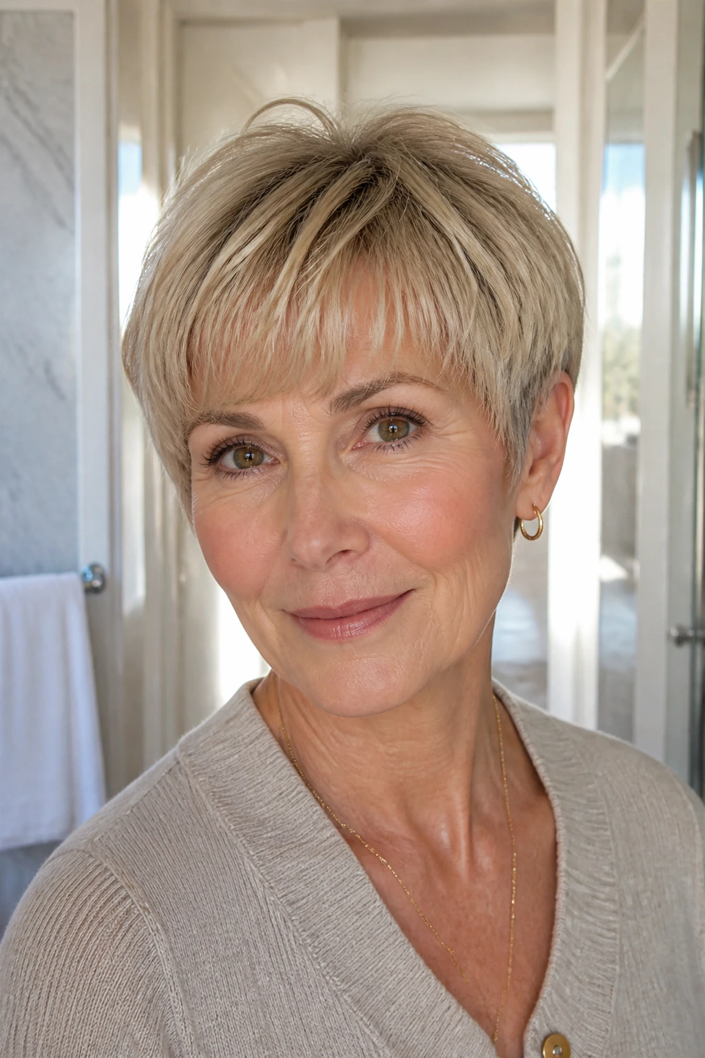 Close-up portrait of rounded fringe on a short haircut on a real woman
