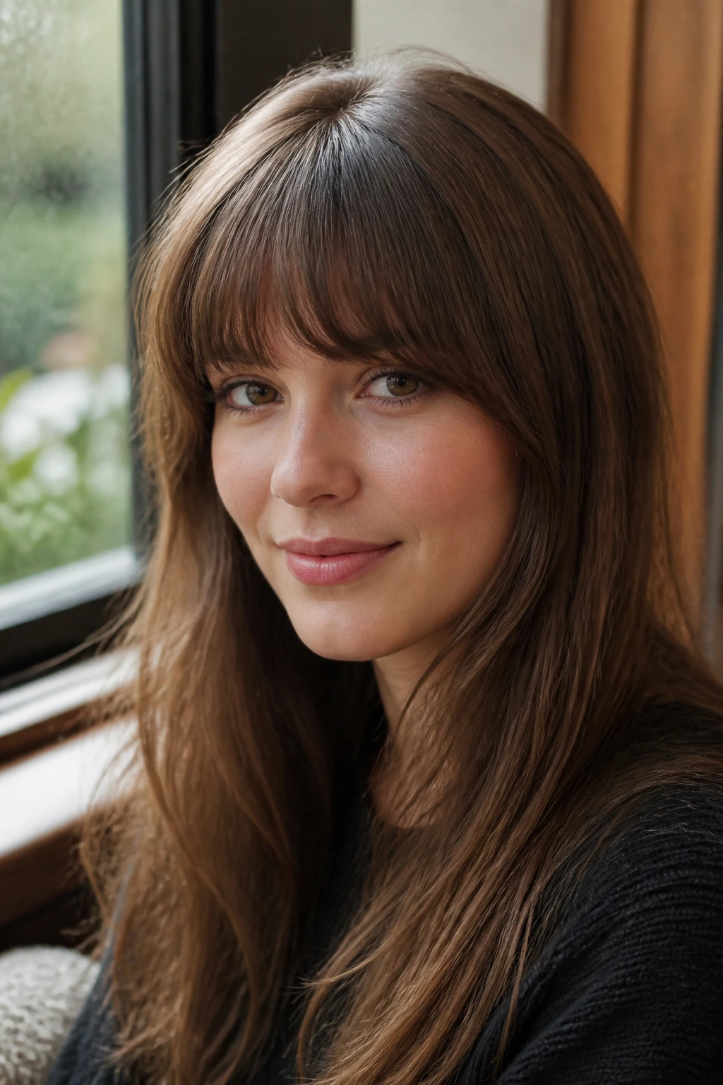 Close-up portrait of a woman with a rounded fringe and soft edges in warm daylight