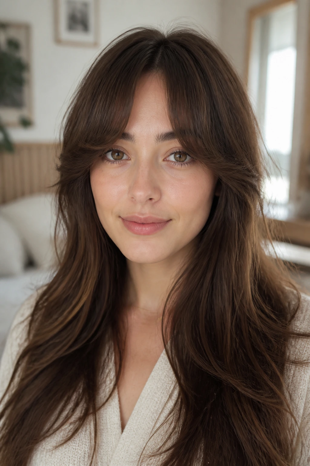 Close-up of a real woman with rounded U-shaped fringe softening the forehead
