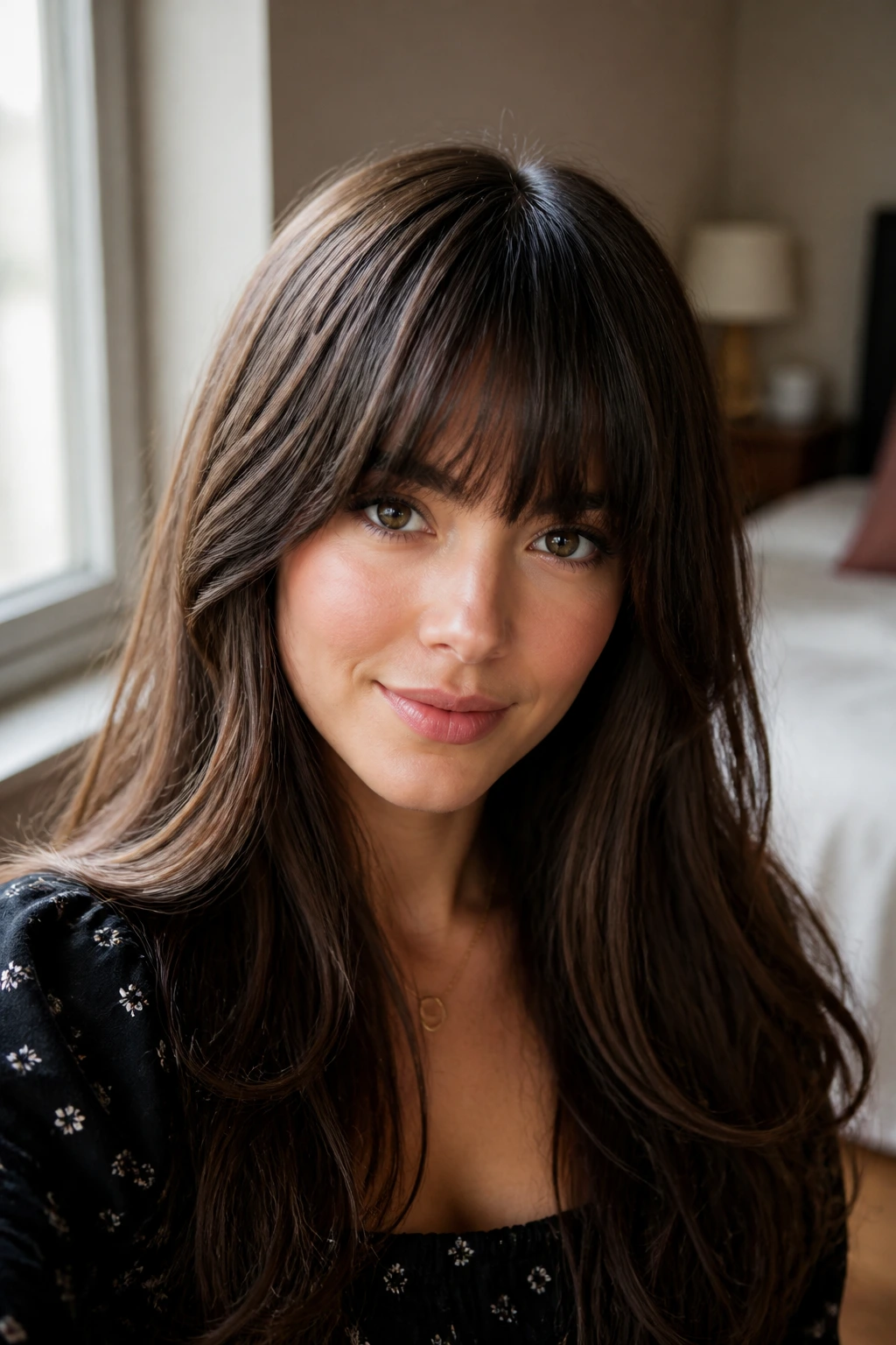 Close-up of a real woman with rounded full fringe framing her eyes