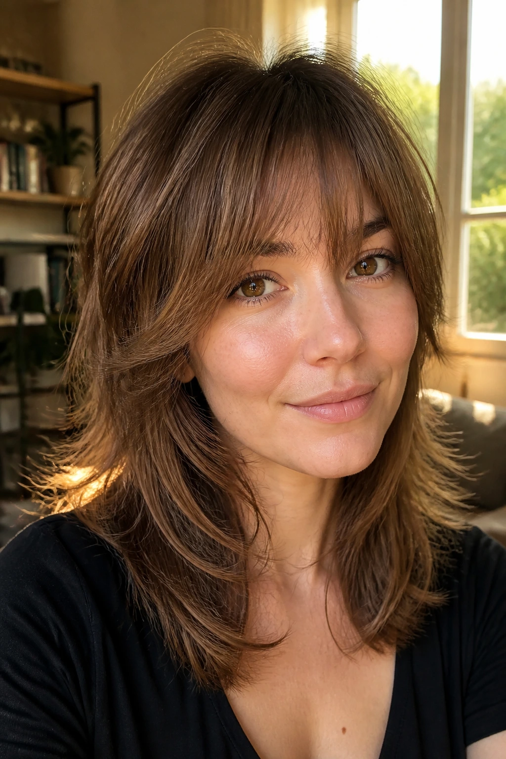 Portrait of real person with rounded fringe wolf cut softening the front and framing the cheeks