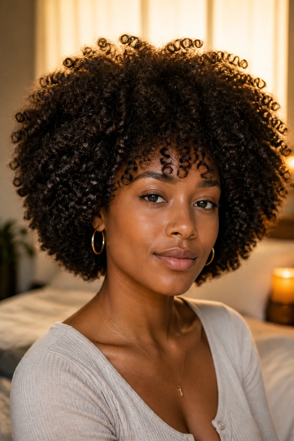 Close-up of a woman with a rounded halo of curls in warm bedroom light