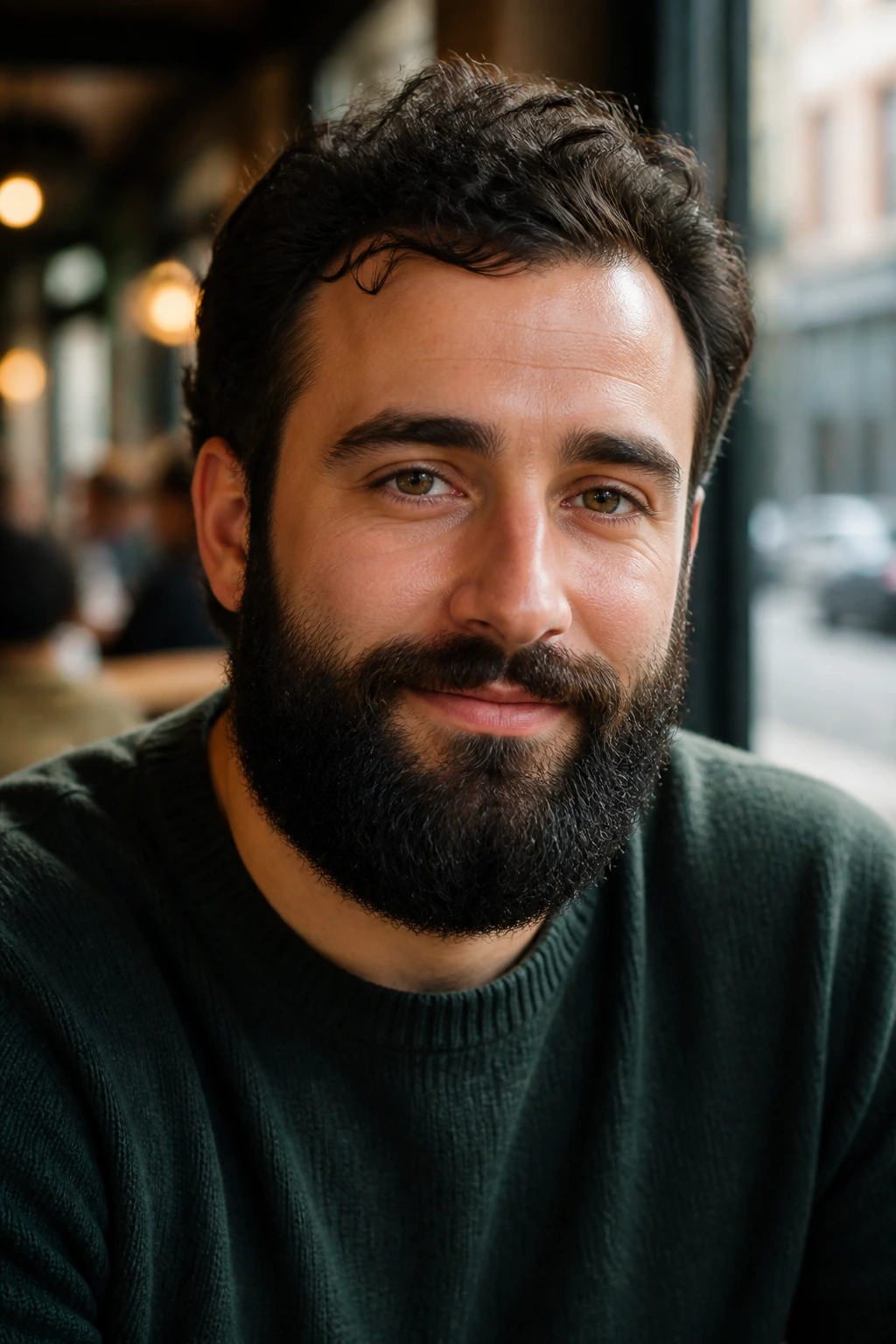 Close-up of a man with a rounded full beard in a cozy daytime cafe.