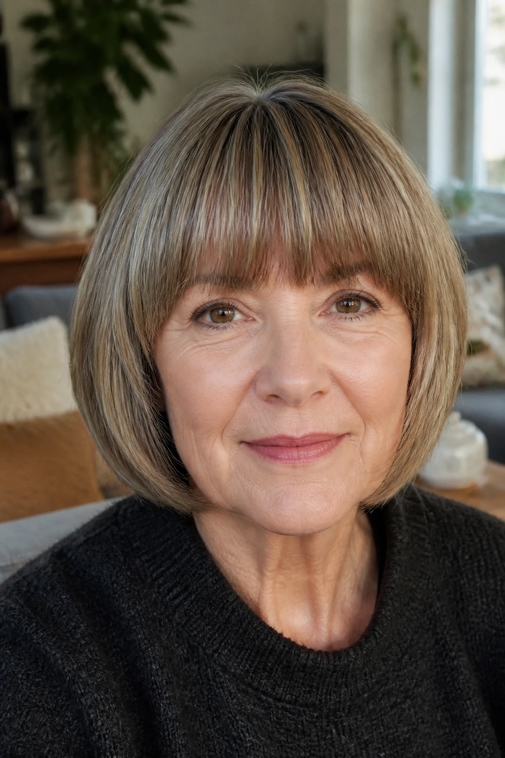 Close-up of a real woman with rounded full fringe in a cozy room