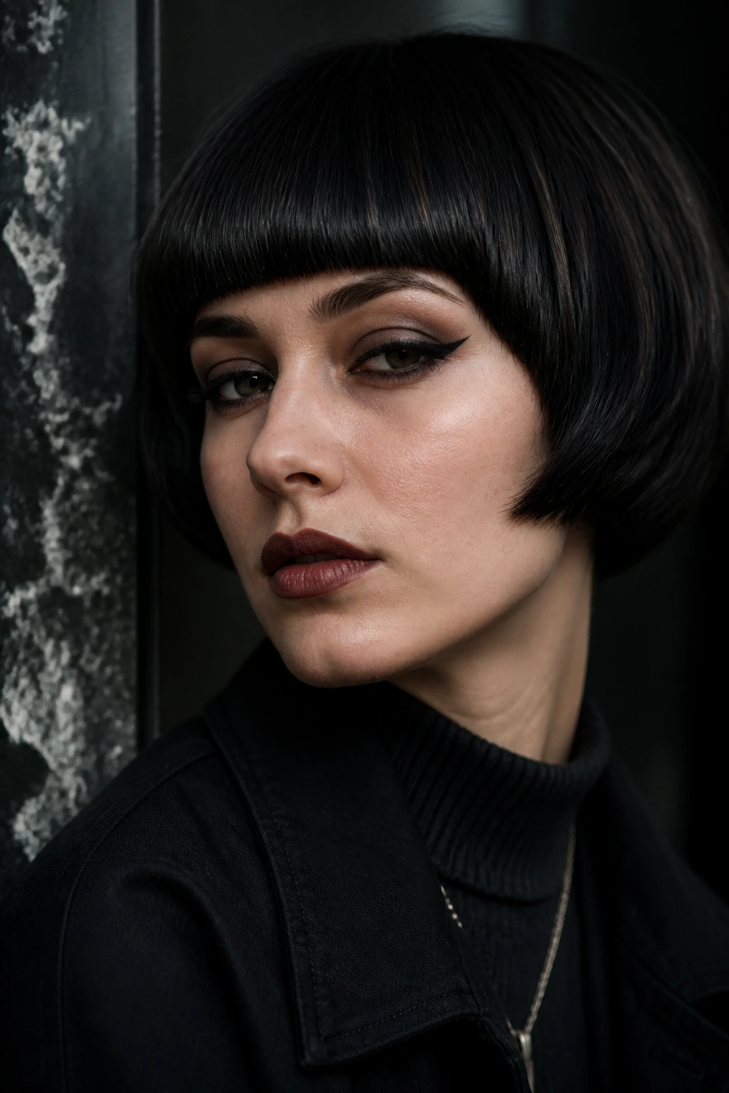 Portrait featuring a rounded gothic fringe on short dark hair with soft lighting