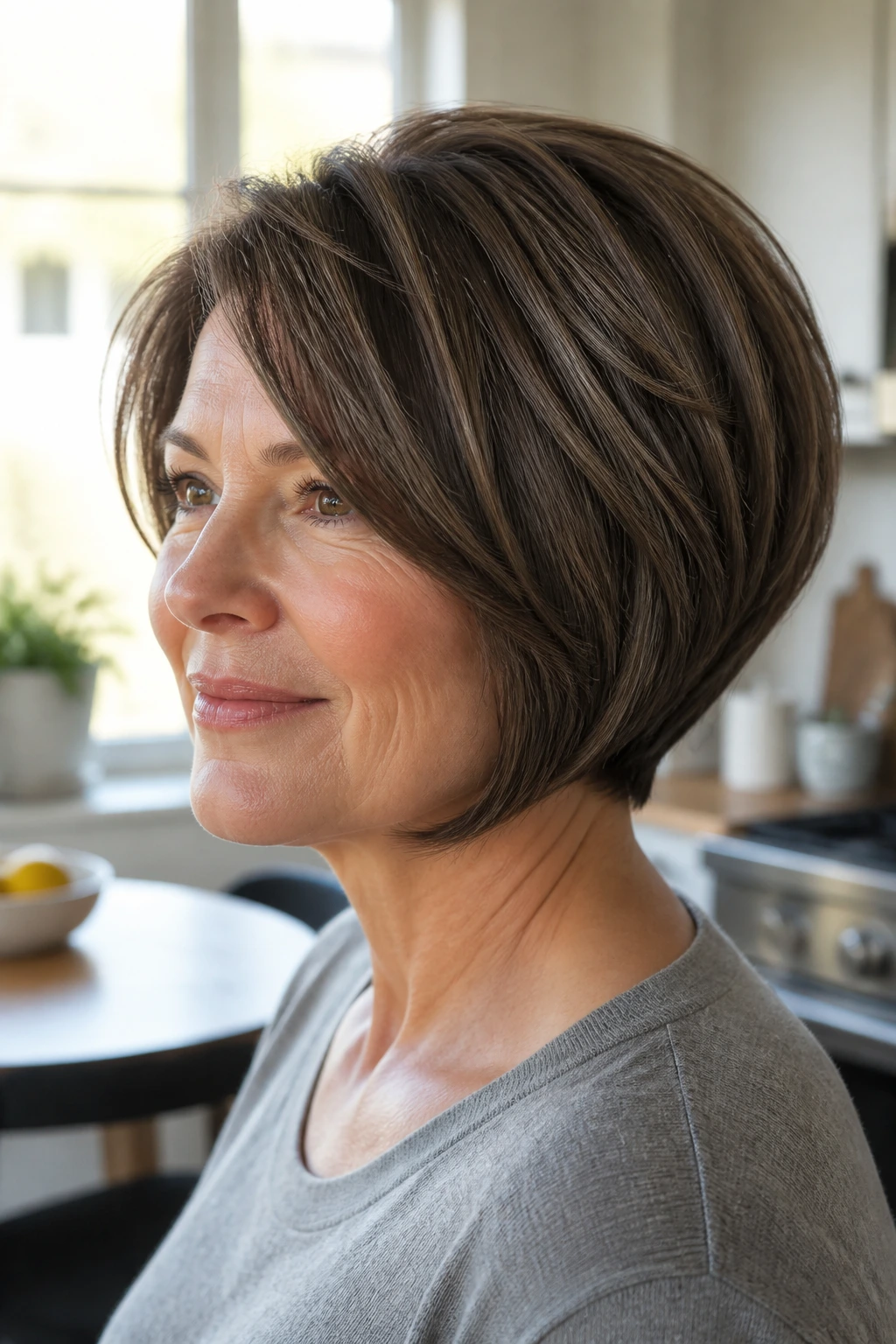 Close-up of a real woman with rounded graduated bob showing curved silhouette