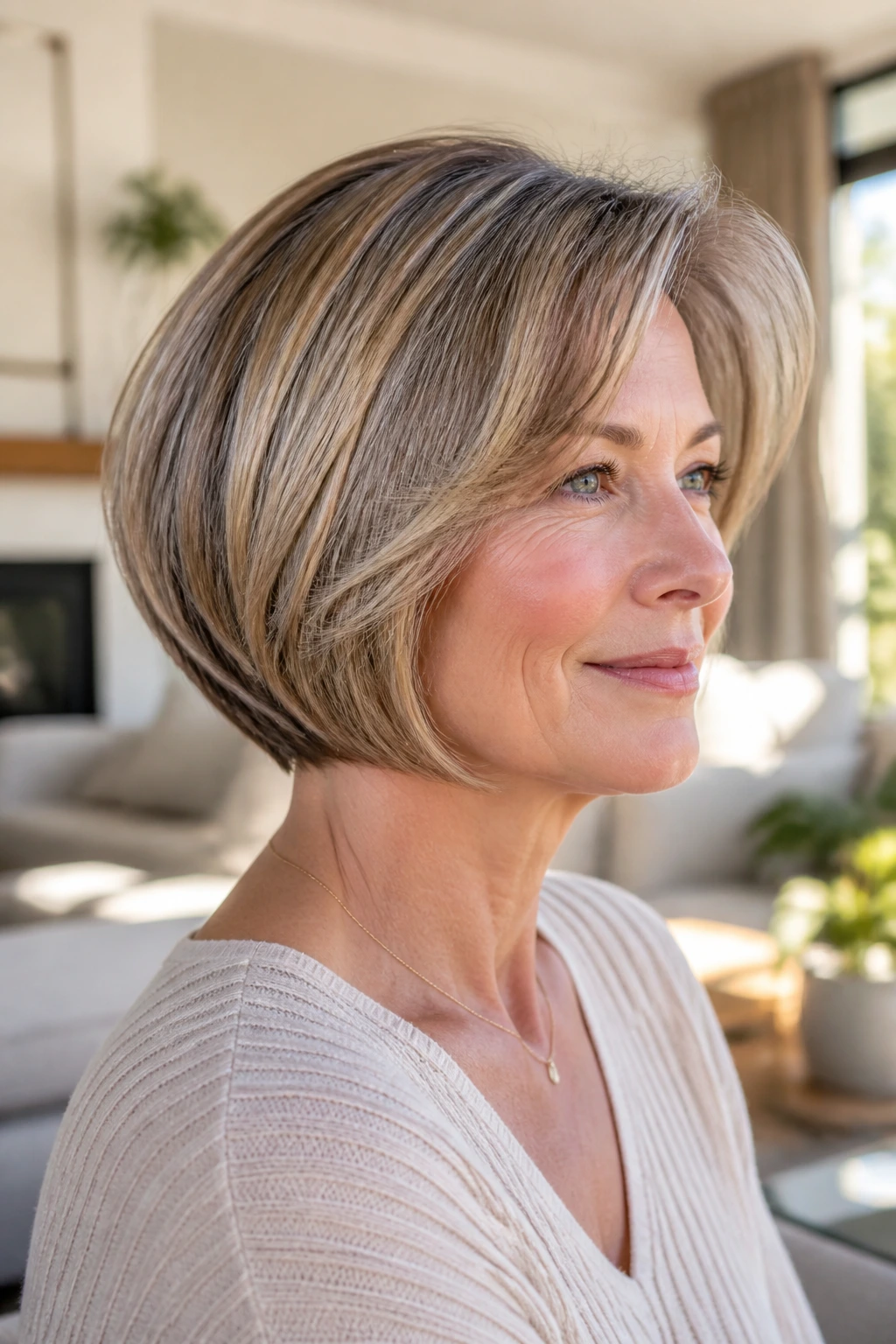 Portrait of a real woman with rounded graduation bob in a sunlit room