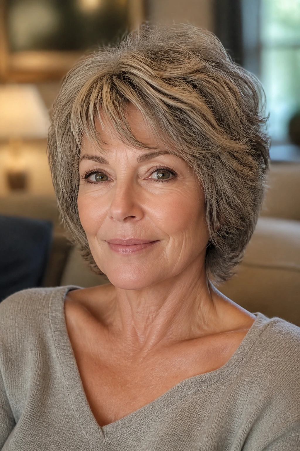 Close-up portrait of a real woman with rounded thick-hair shag in natural window light