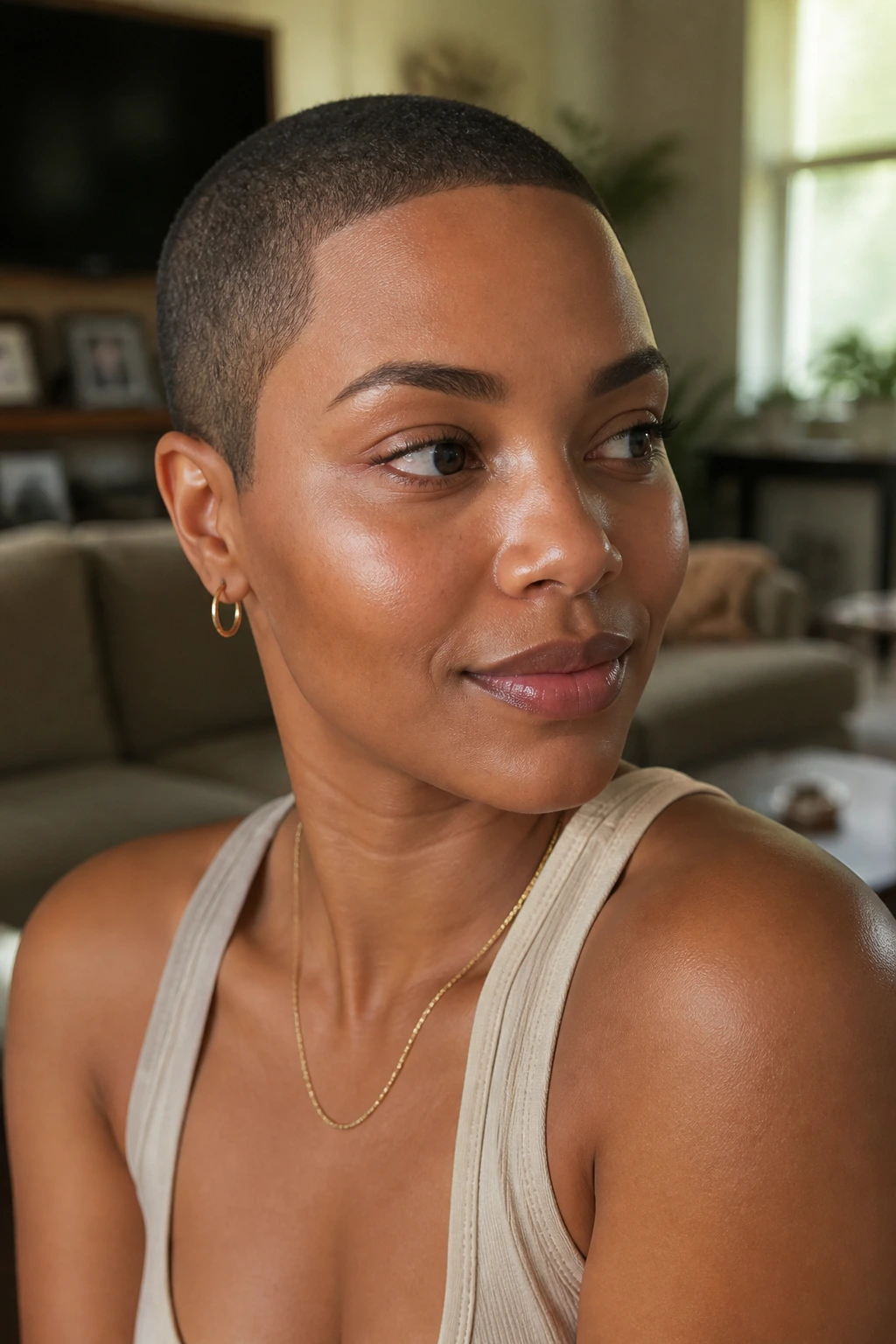 Portrait of woman with rounded hairline buzz in a warm living room
