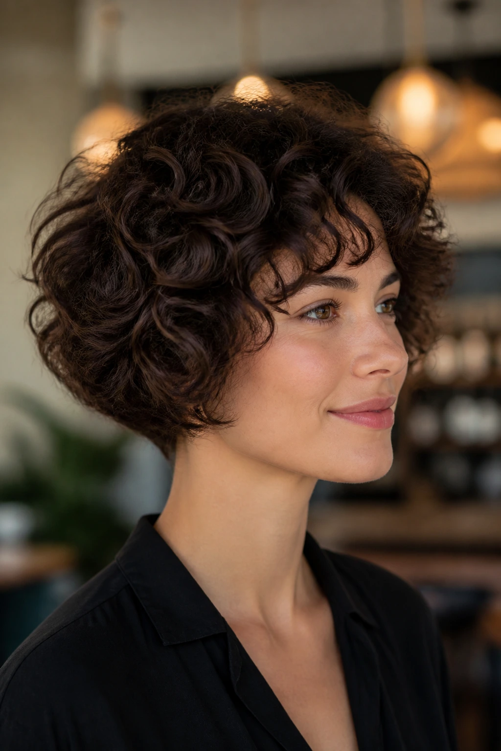 Portrait of a person with rounded halo bob showing soft dome shape