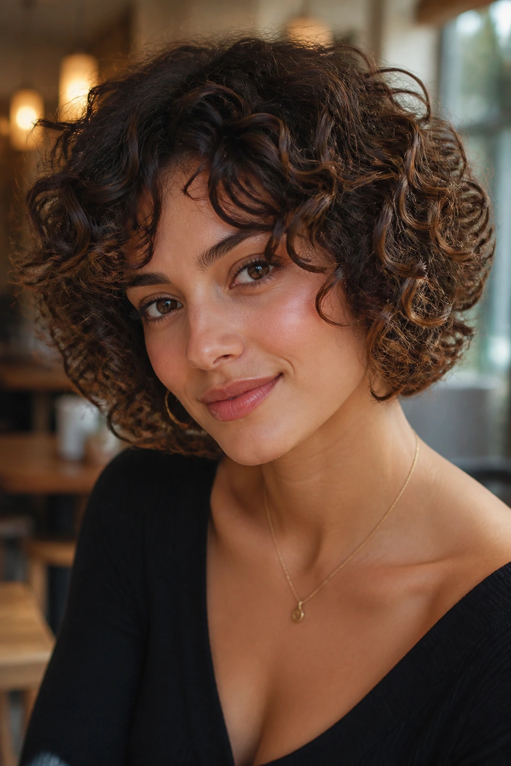 Portrait of a woman with rounded halo curly bob and tapered ends.