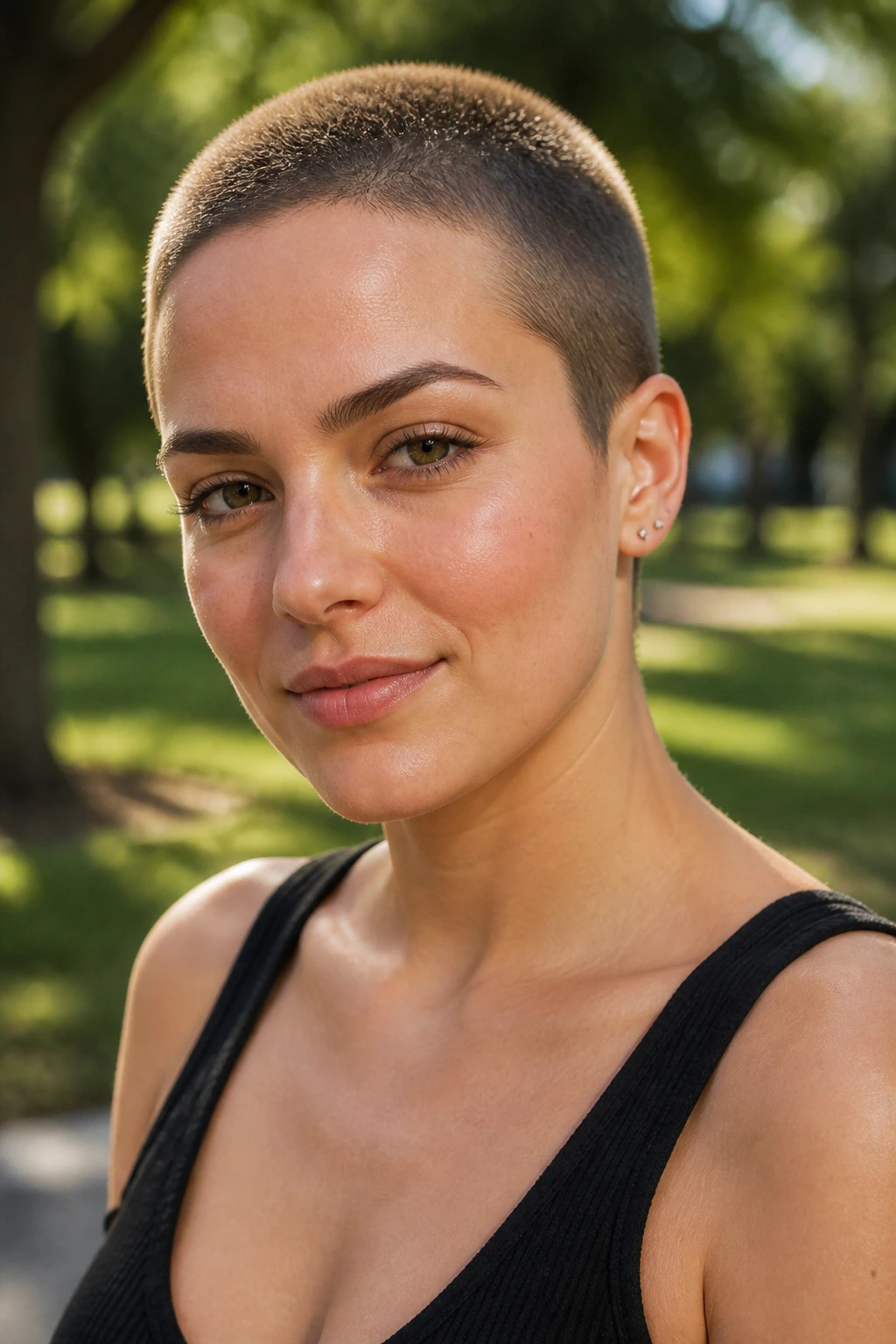 Close-up of a real woman with a rounded halo buzz creating a soft oval silhouette