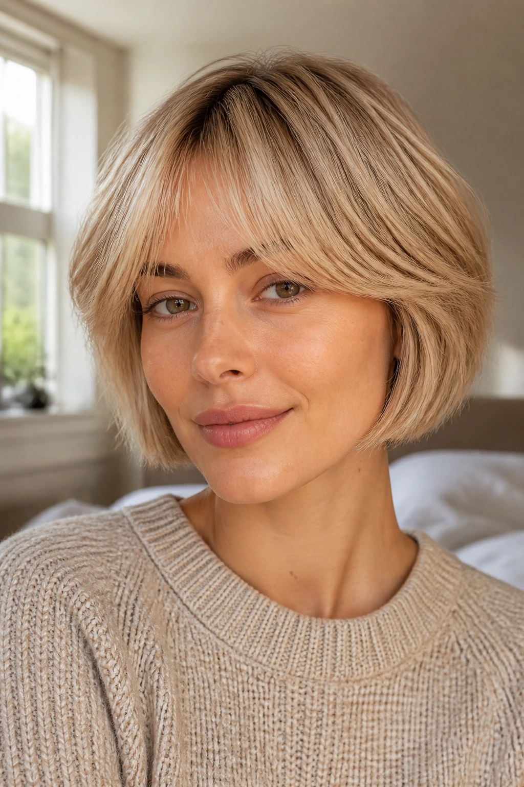 Close-up portrait of a real woman with rounded halo curtain fringe