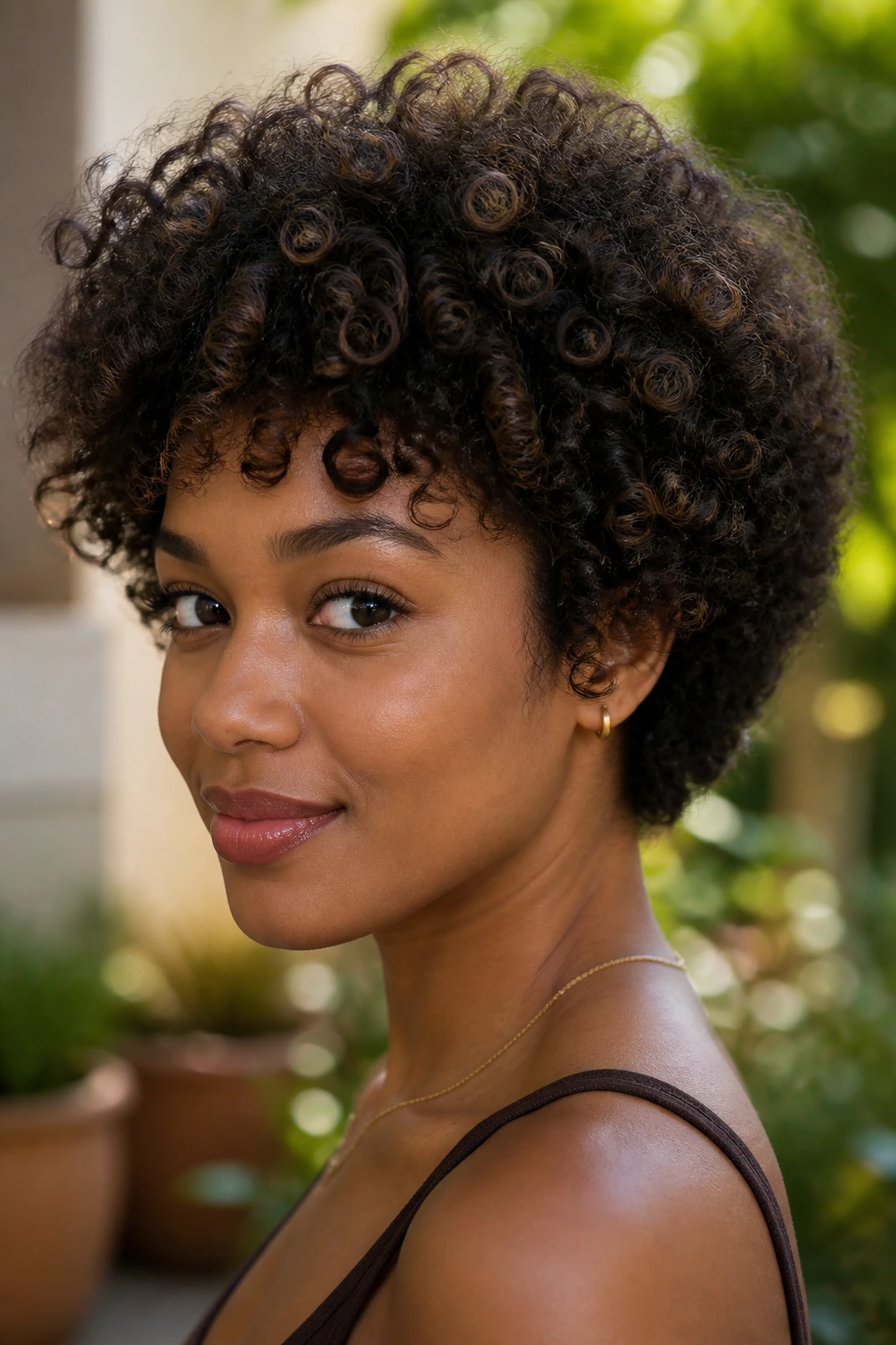 Close-up portrait of a real person with a rounded halo cut in a sunlit garden patio.