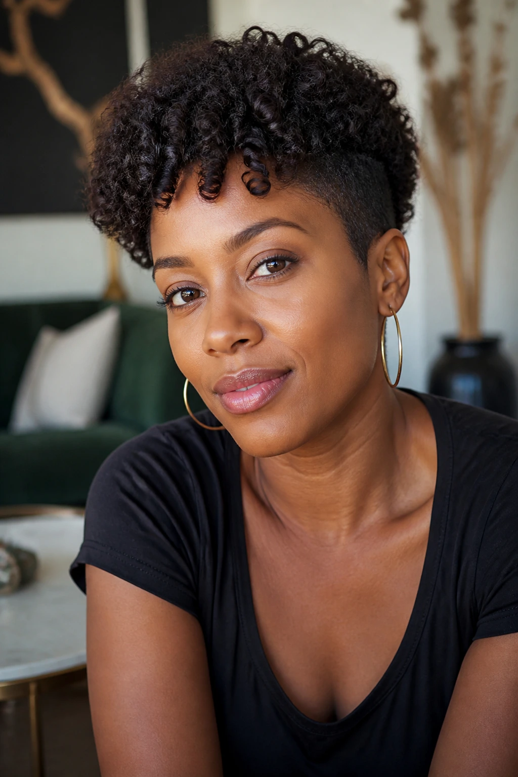 Frontal portrait showing a rounded halo cut with tapered sides on a real person.