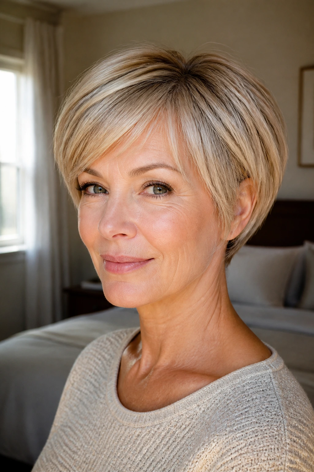 Close-up of a real woman with a rounded halo pixie bob in warm window light