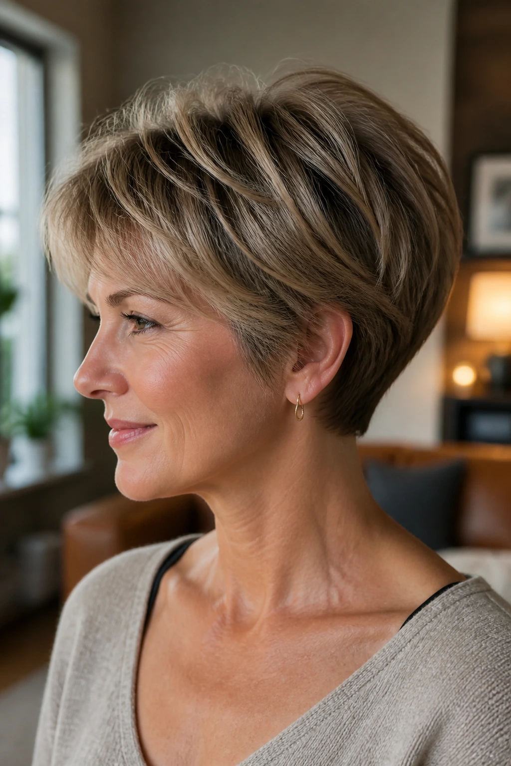 Close-up of rounded halo pixie bob on real woman with soft dome silhouette