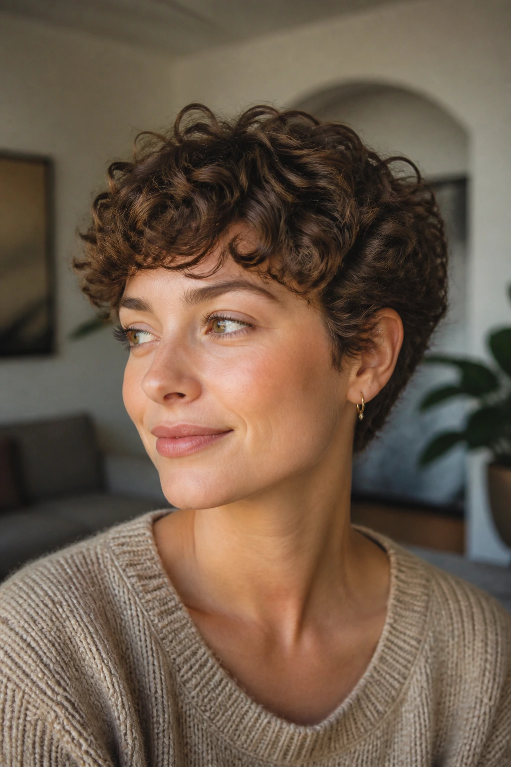 Close-up portrait of a woman with a rounded halo pixie in soft light