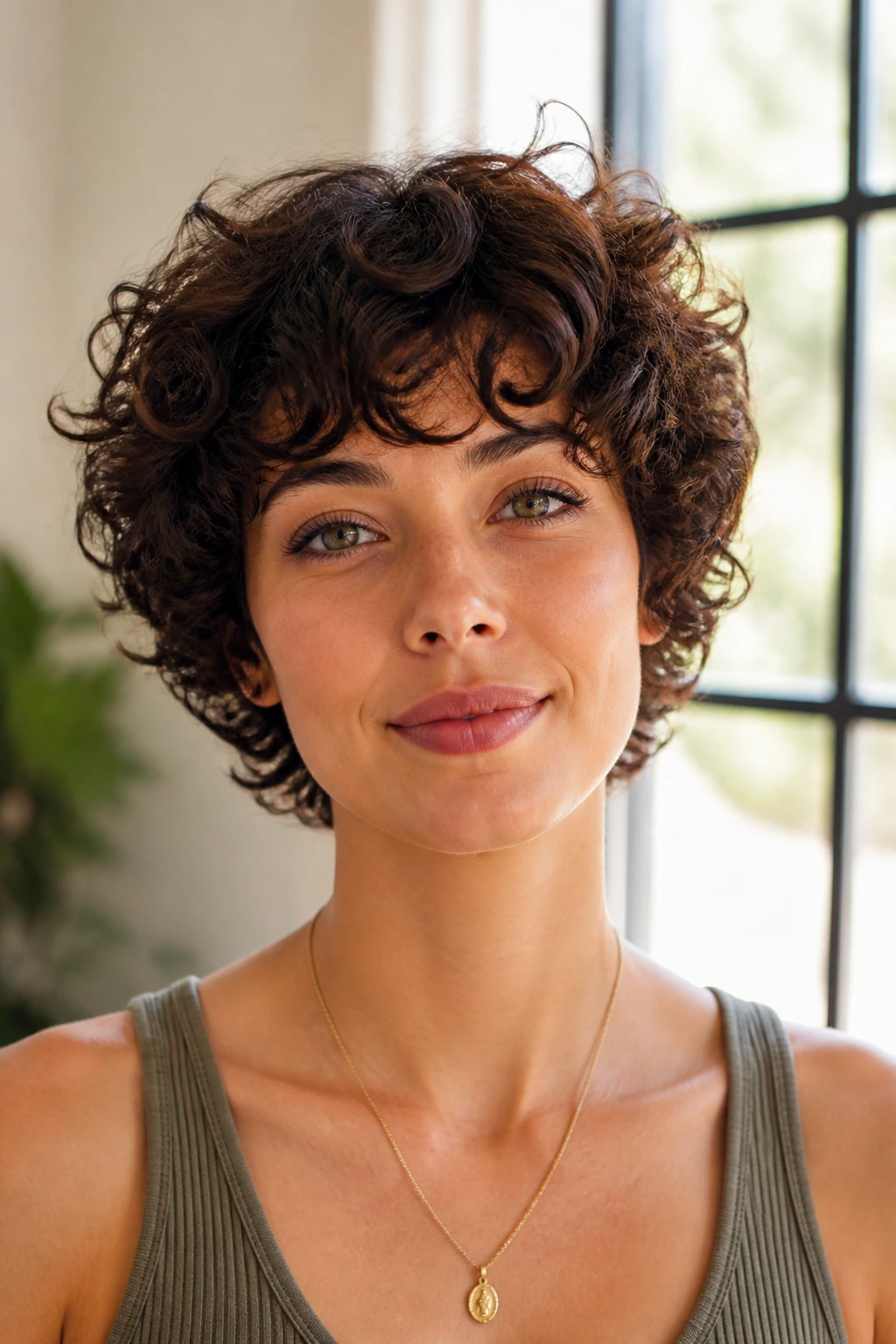 Front portrait of rounded halo pixie wolf haircut