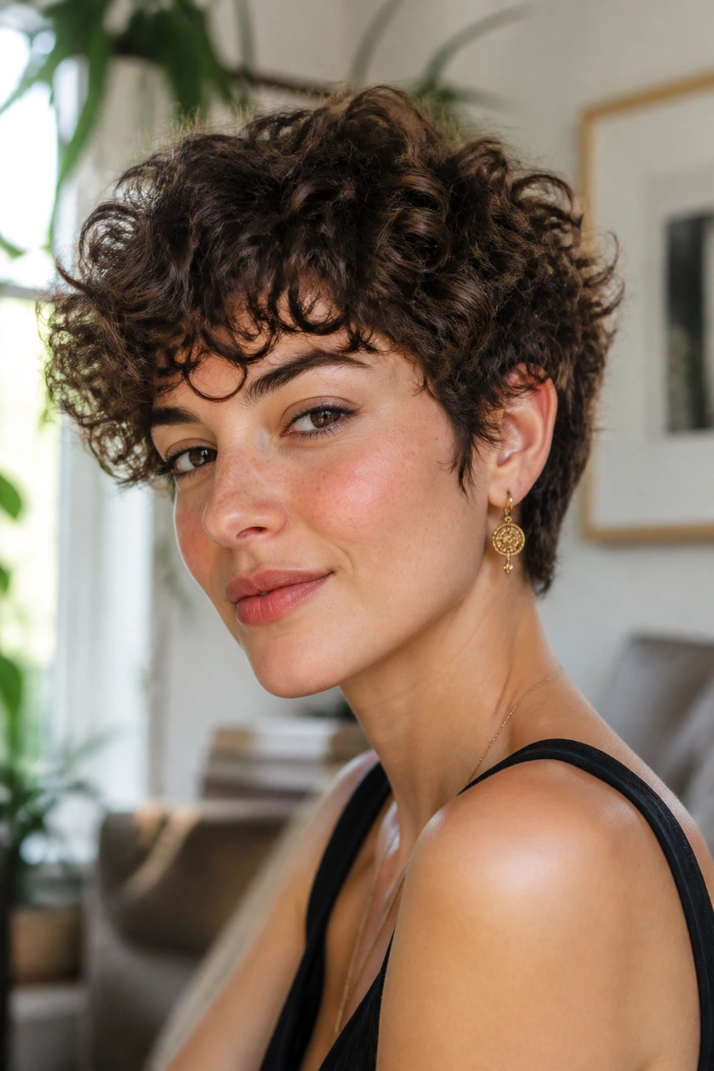Portrait of real woman with rounded halo pixie wolf cut in a bright home setting