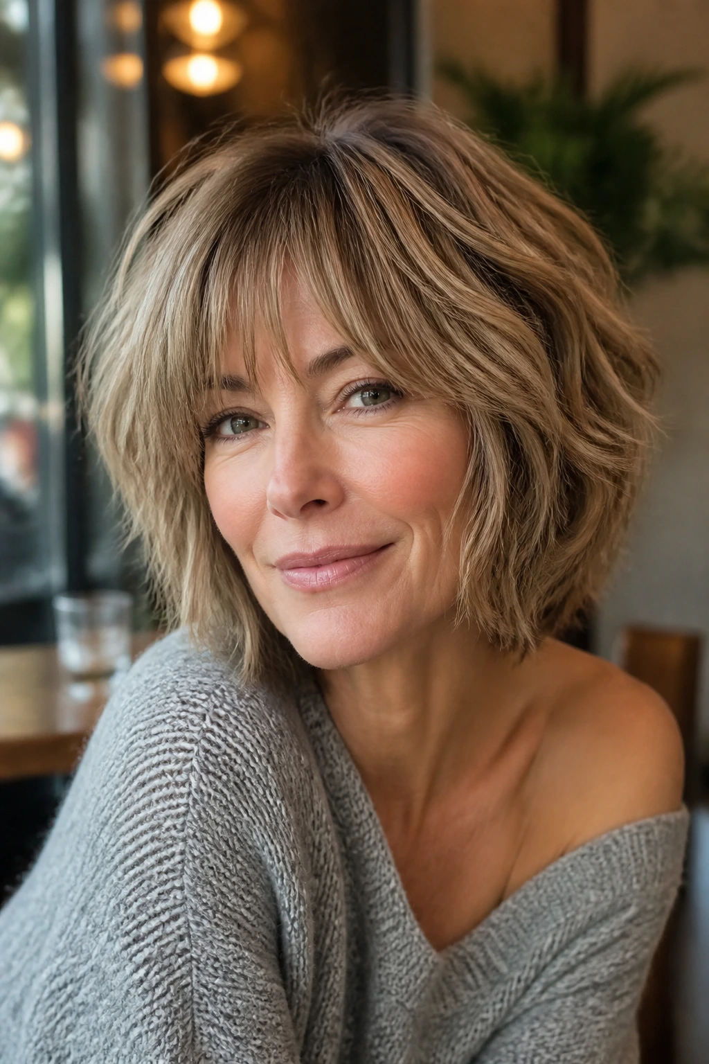 Close-up portrait of a real woman with a rounded halo shag, fullness around the head in soft window light.
