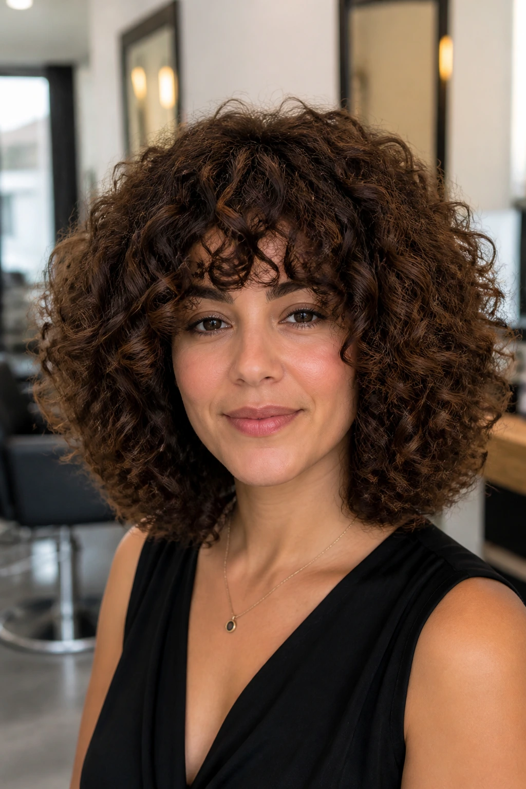 Close-up of real woman with rounded halo shag curls