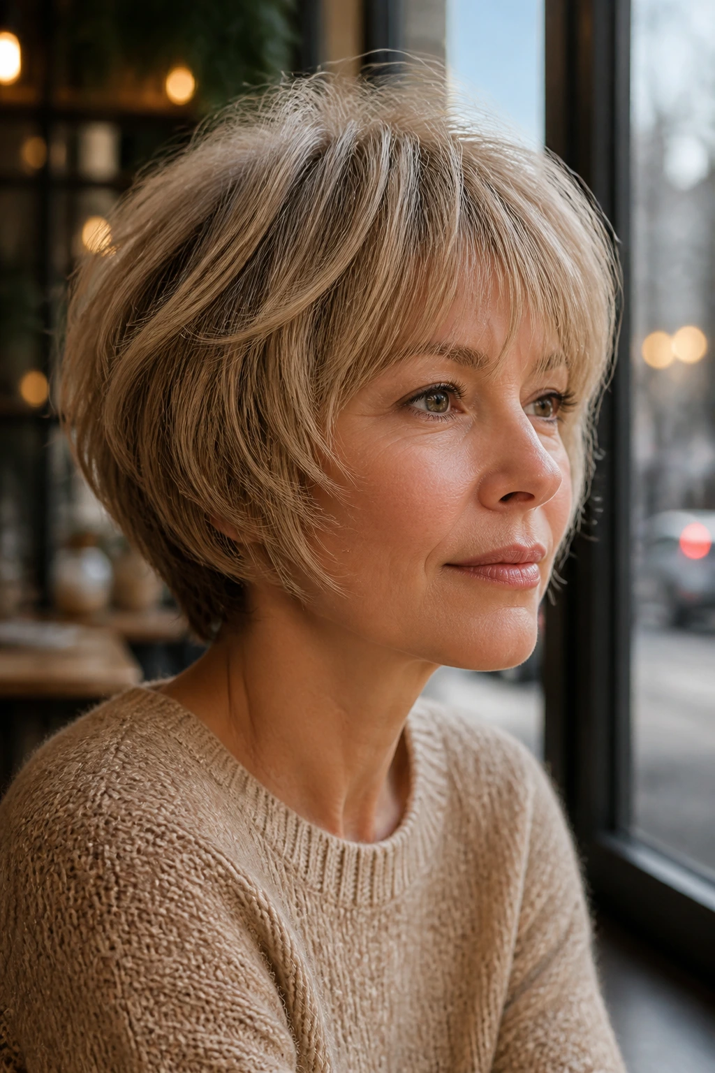 Close-up of a real woman with rounded halo shag and a compact silhouette in warm cafe lighting.