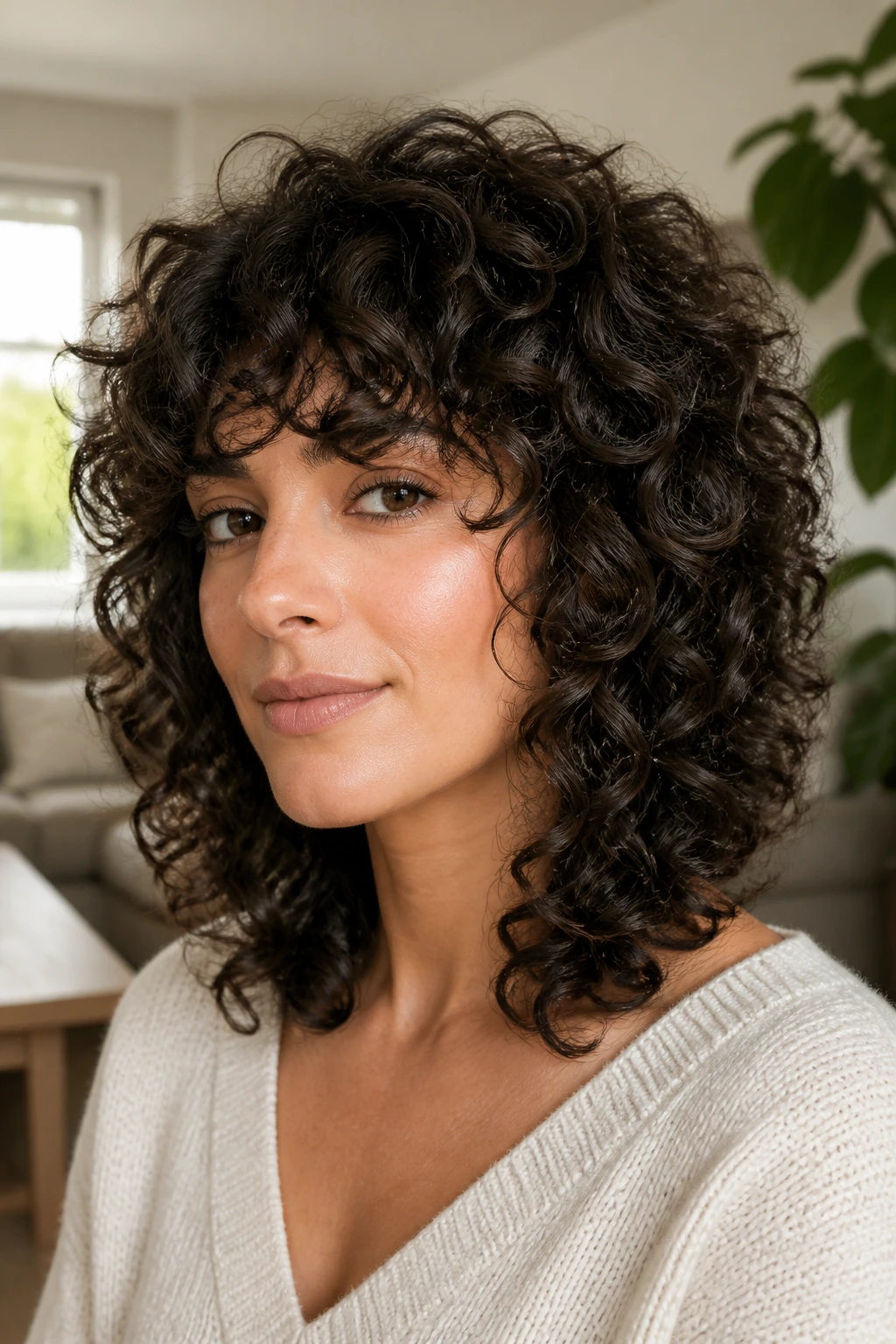 Close-up portrait of a real woman with rounded halo shag.