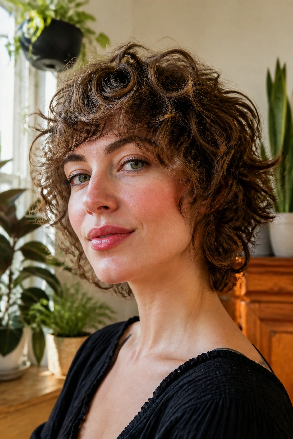 Close-up of real woman with rounded halo shag and crown-volume waves