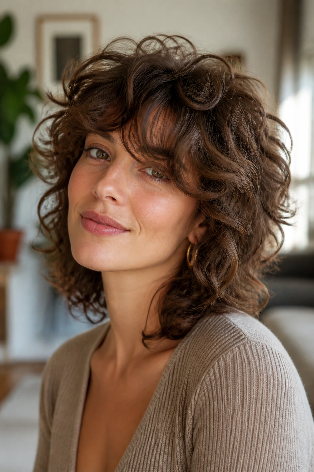 Close-up of a real woman with a rounded halo shag and long swoop bangs