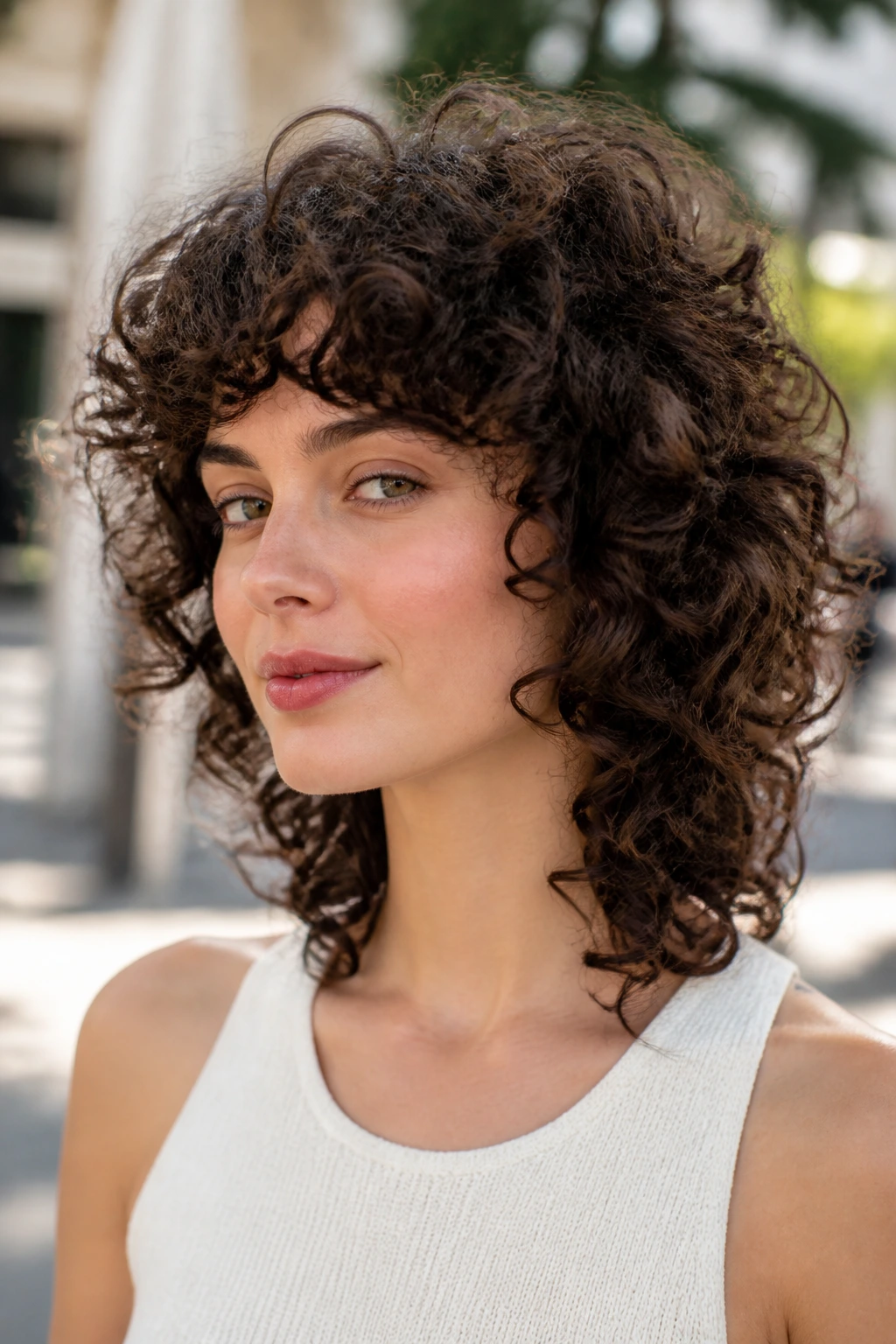 Three-quarter portrait of a real woman with rounded halo wolf shag