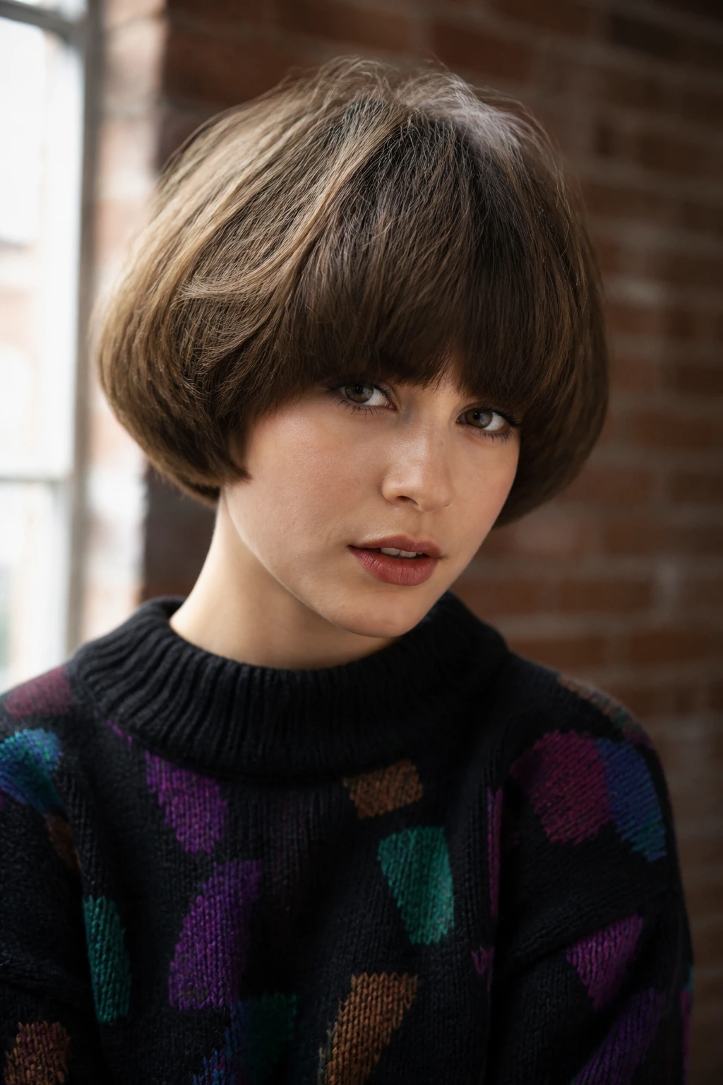 Real person with rounded helmet bob in an urban loft setting