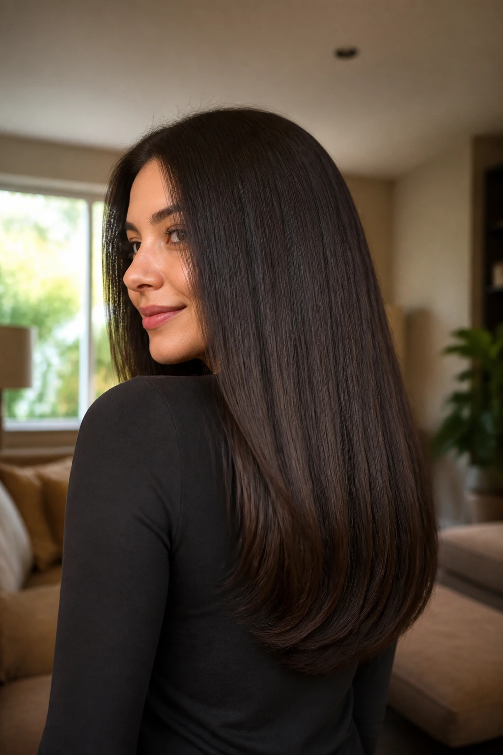 Close-up of a real woman with rounded hemline cut in thick straight hair