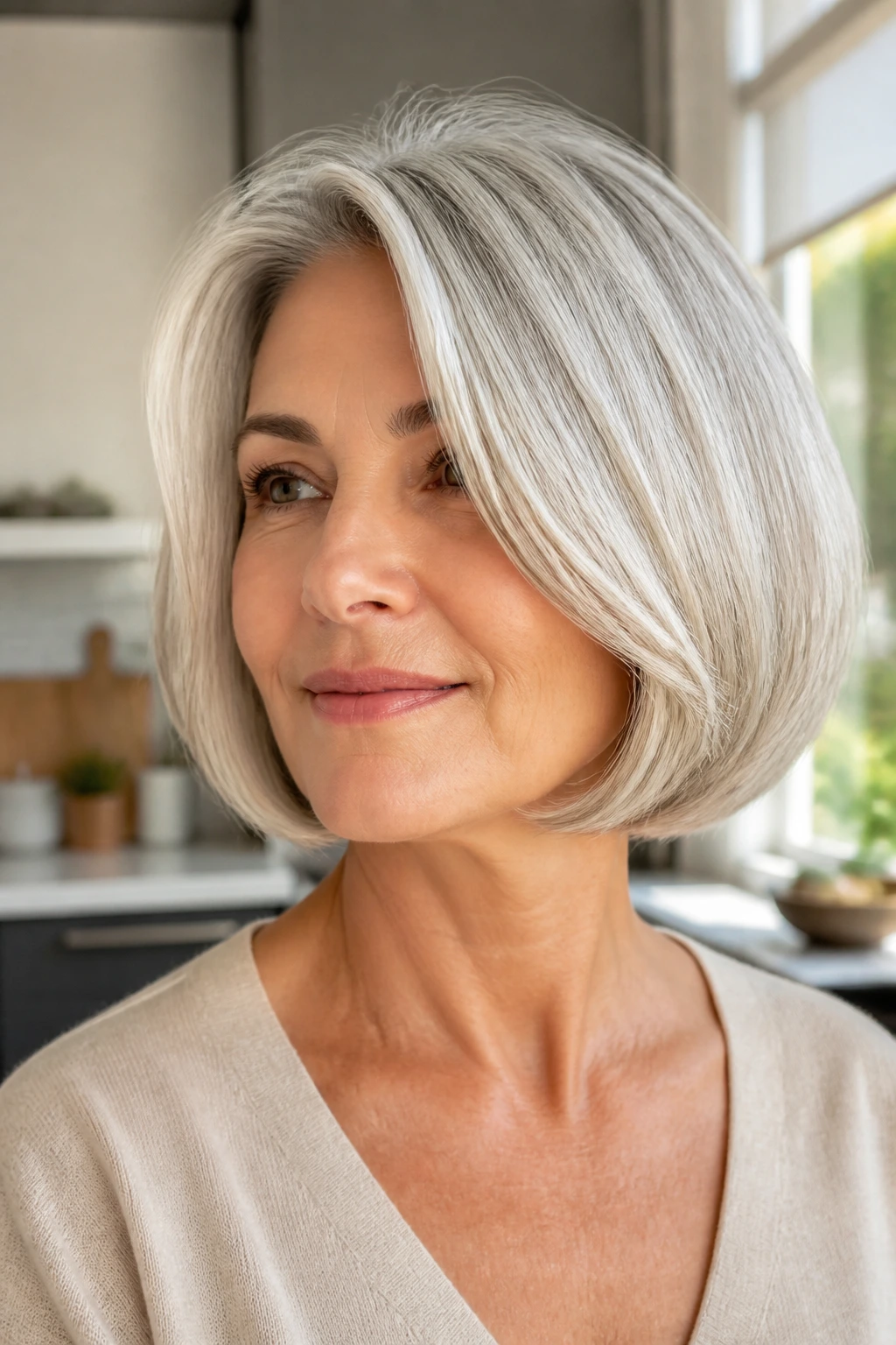 Close-up of a real woman with rounded Italian bob and inward-arc ends