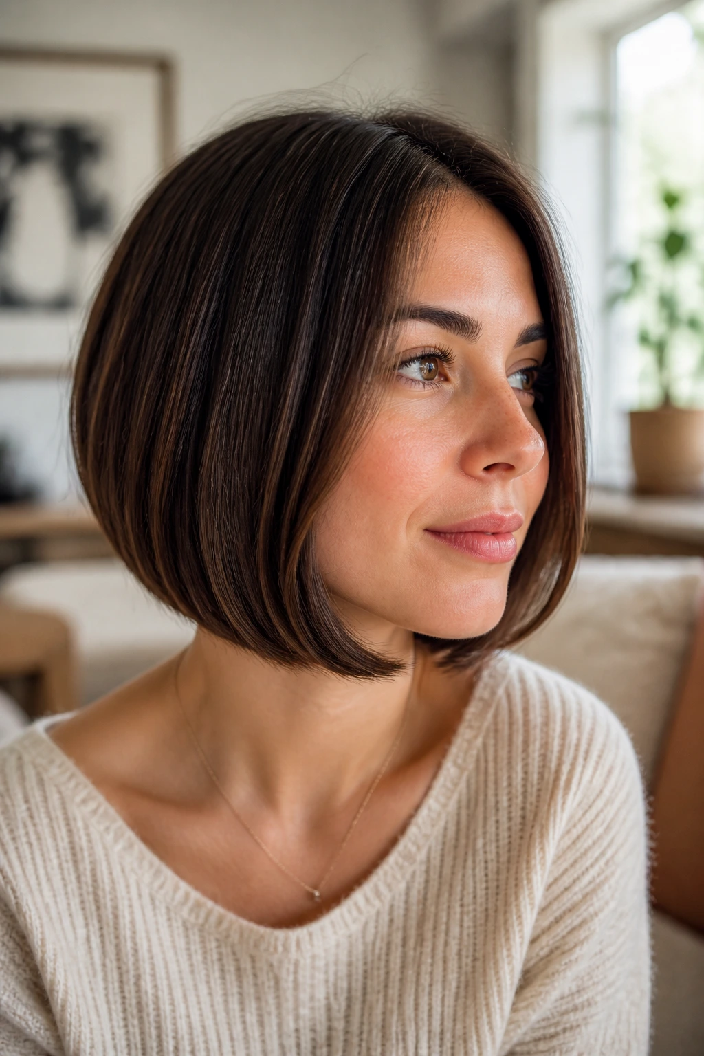Portrait of a woman wearing a rounded jaw bob that softens the lower face