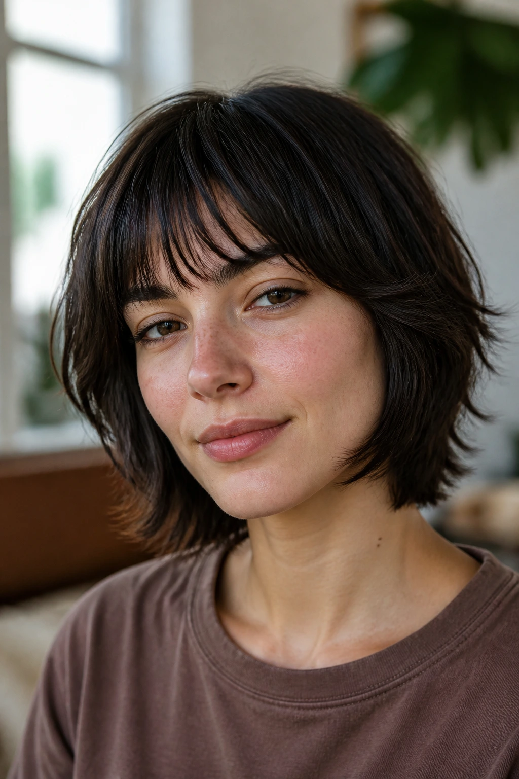 Close-up of real person with rounded jaw-length wolf cut