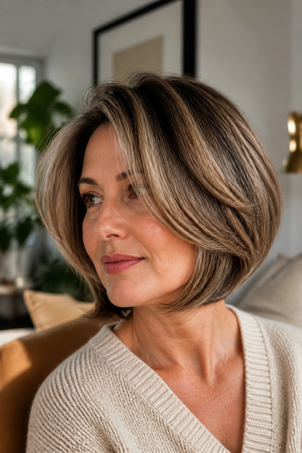 Close-up of a real woman with Rounded Layered Bob showing soft, rounded silhouette.