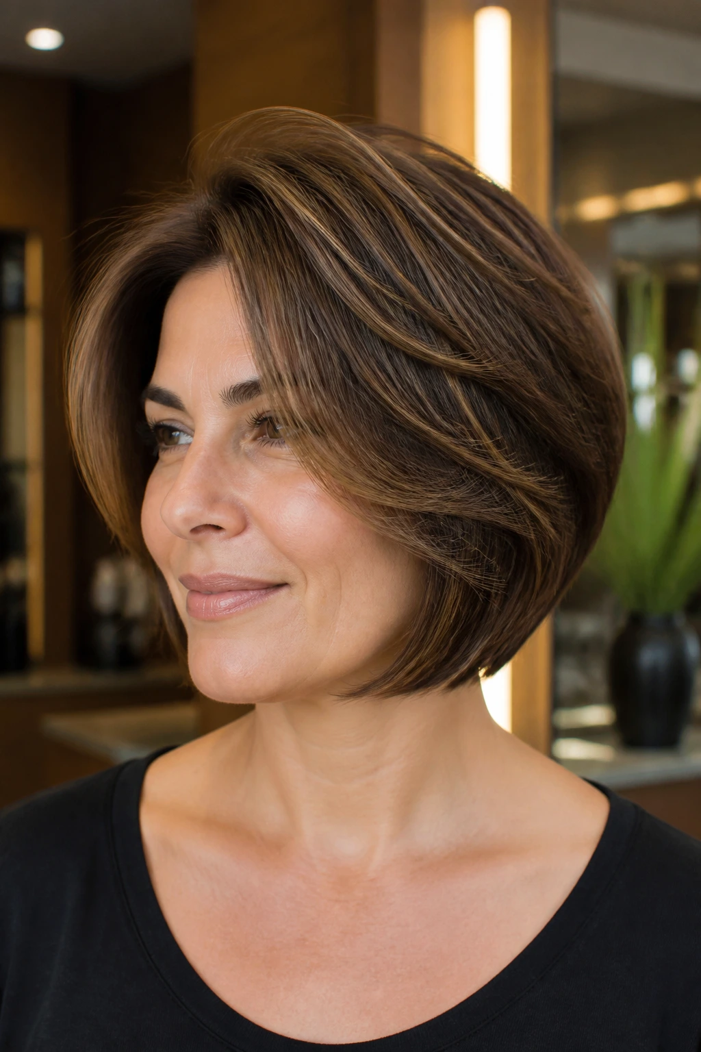 Portrait of a real person with a rounded layered bob and crown lift.