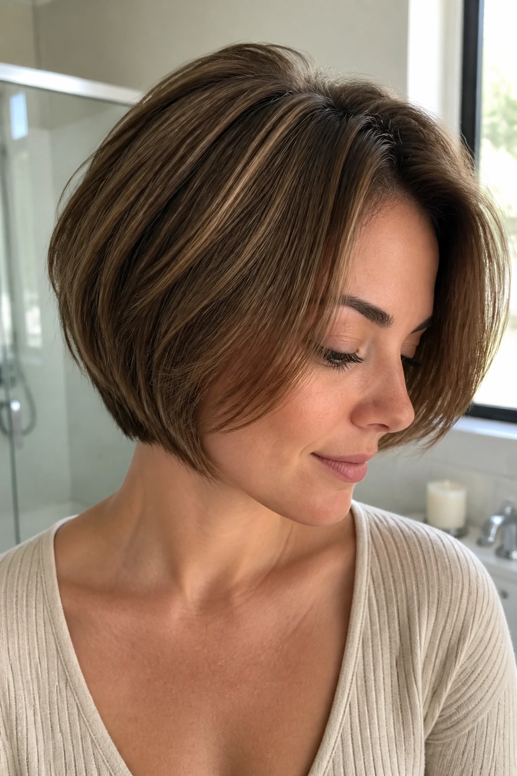 Portrait of a woman with rounded layered bob.