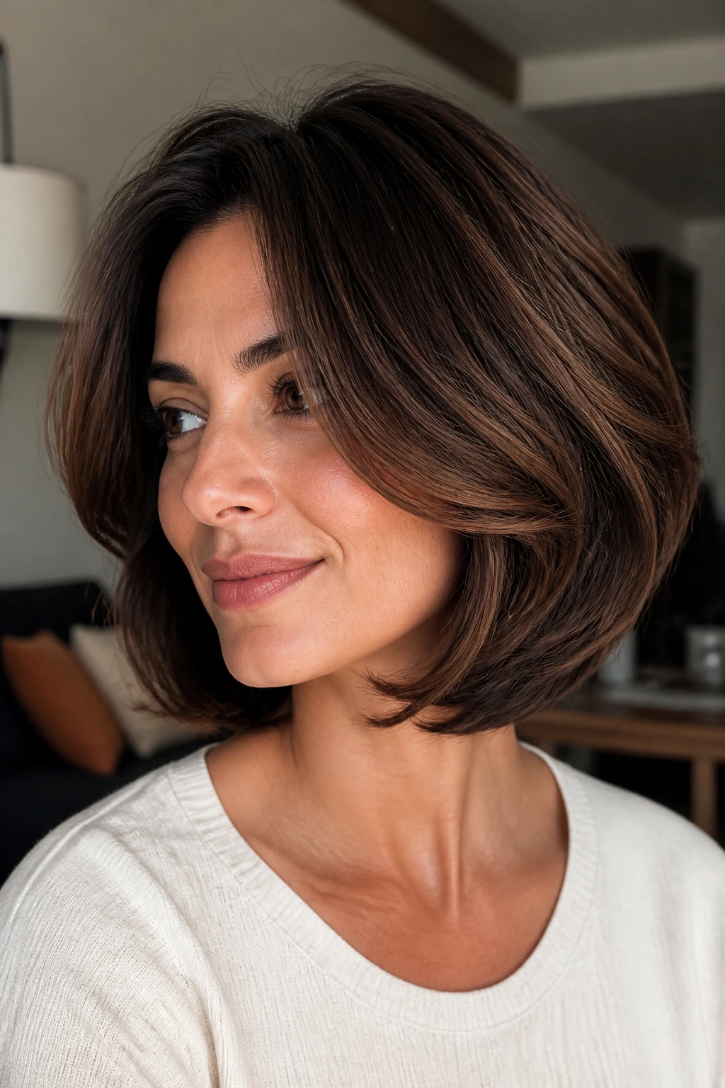 Close-up of thick-haired person with rounded layered bob