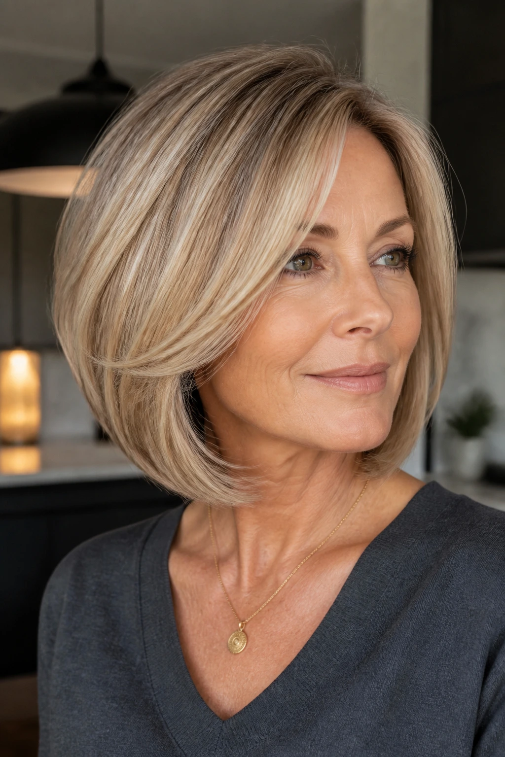 Portrait of woman with rounded layered lob showing curved ends and chin-length silhouette