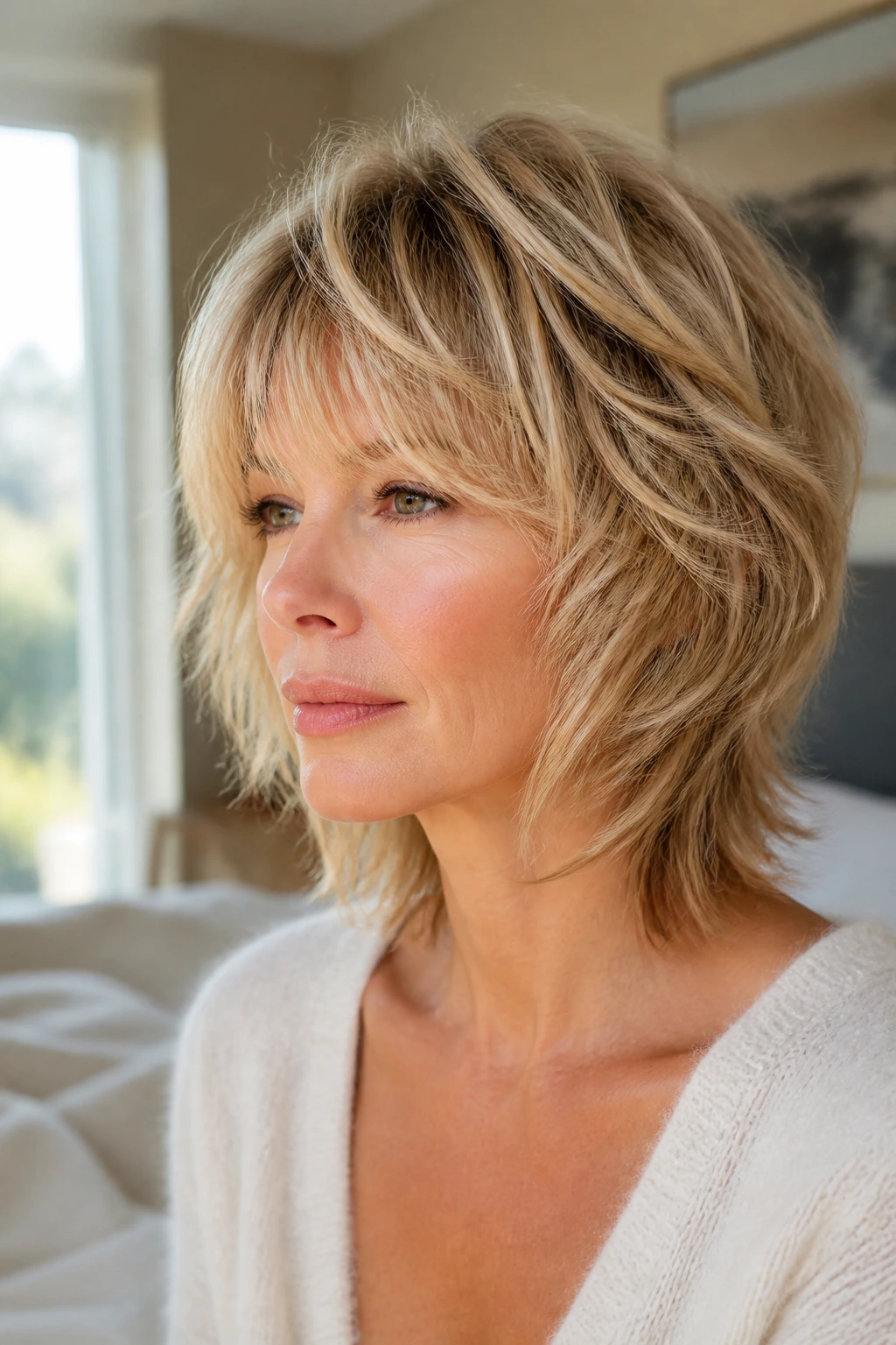 Close-up portrait of a real woman with rounded layered shag in natural window light