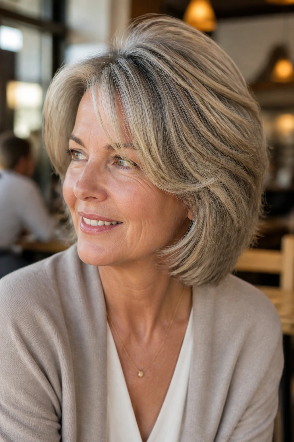 Real woman with rounded layers creating crown volume in warm cafe light