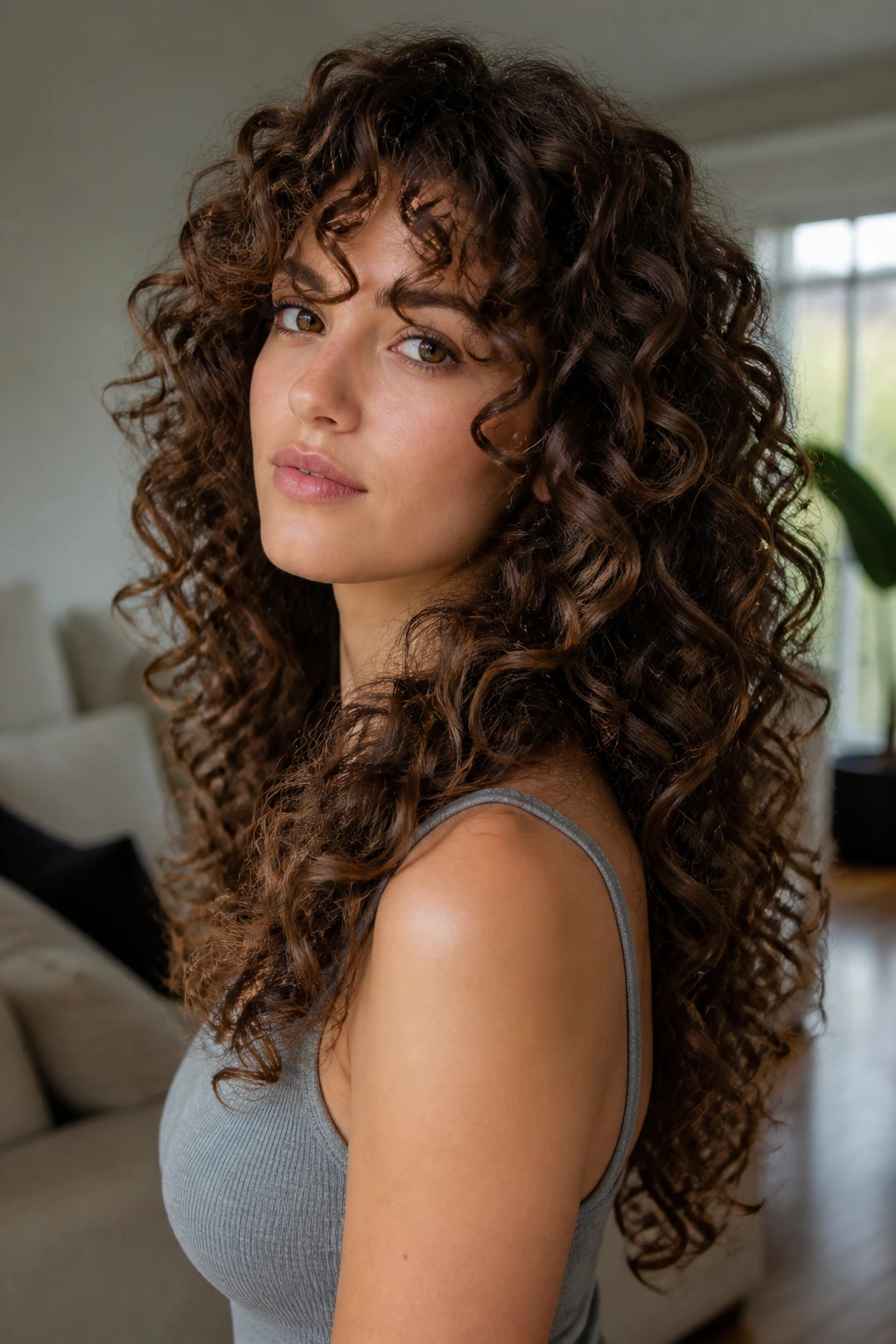 Real woman with rounded layered curls in a bright room