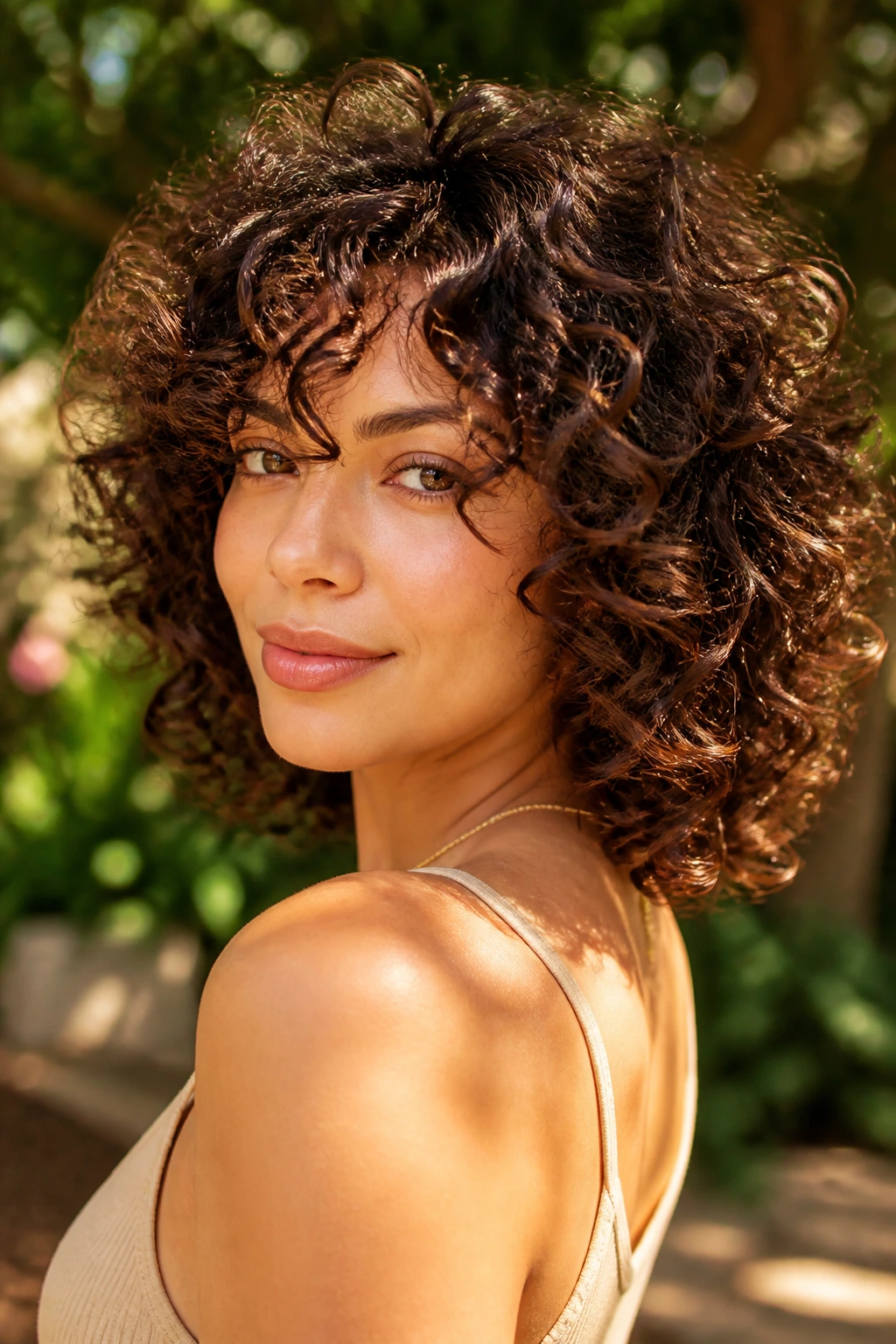Portrait of a woman with rounded layers for curly hair.