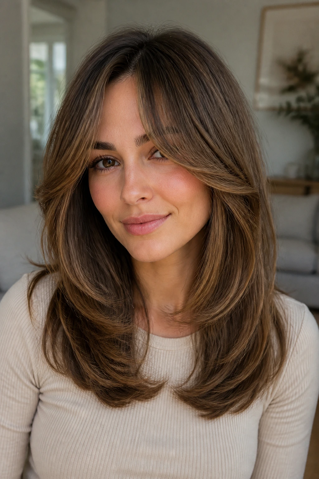 Portrait of a woman with rounded blowout layers and curtain bangs
