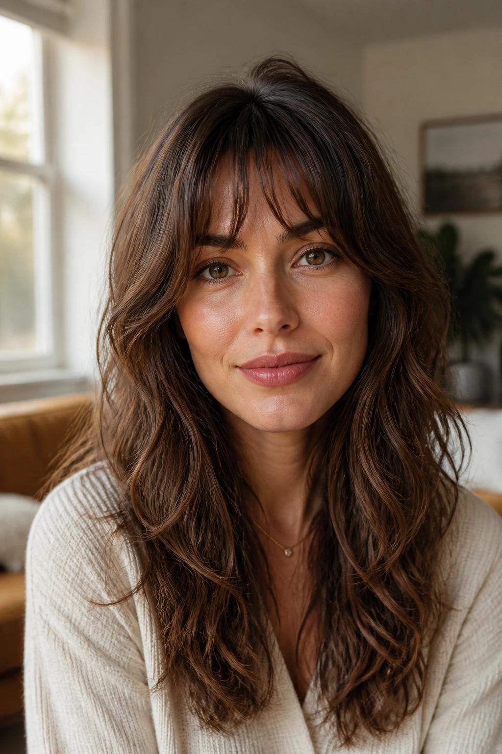 Real person with rounded layers and a soft broken fringe in warm ambient light