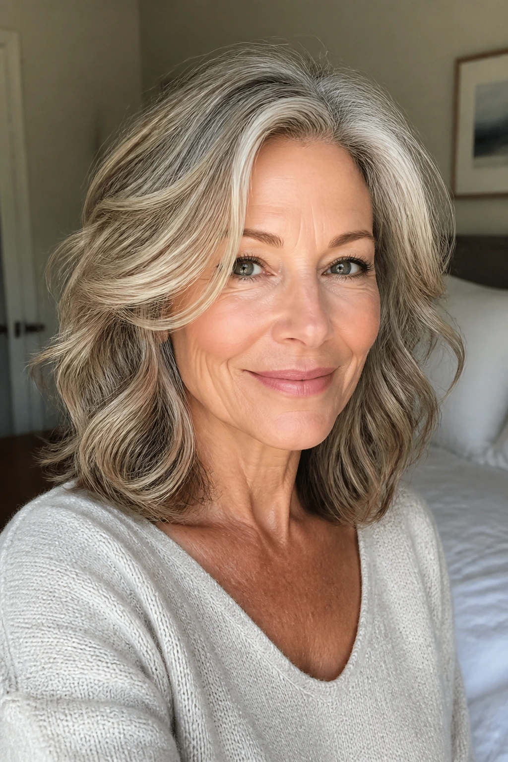 Close-up of a real woman with rounded layers creating fullness around the head