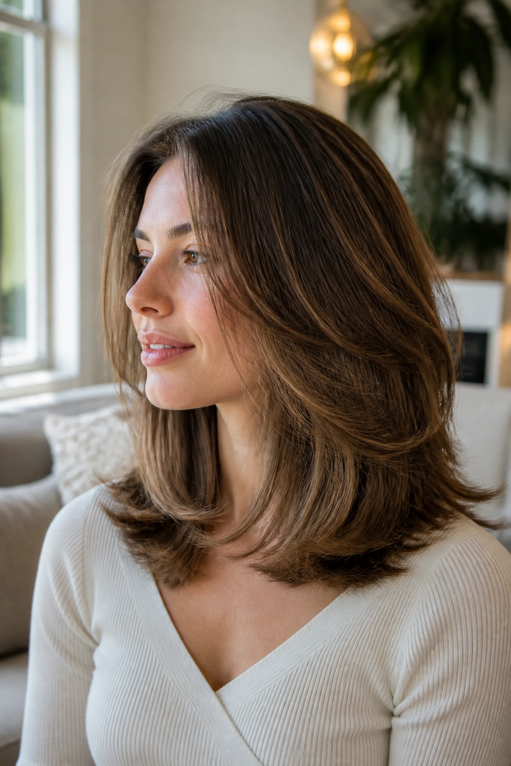 Close-up of rounded layered haircut forming a soft halo around shoulders